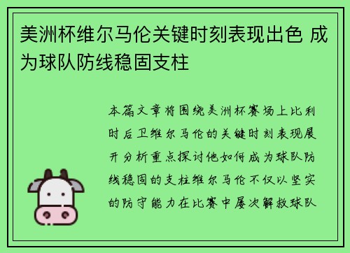 美洲杯维尔马伦关键时刻表现出色 成为球队防线稳固支柱
